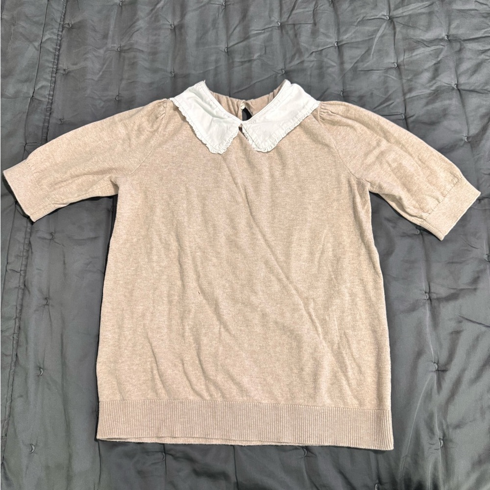 LOFT Beige Knit Top with White Trim